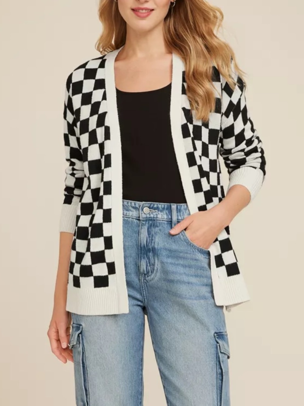Maurices Black & White Checker Knit Open Cardigan Sweater XL